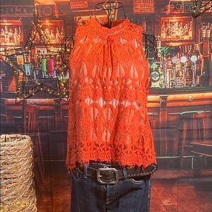 love, Fire Lace Halter Neck Top — Brick Red/Orange — Sz Large / J